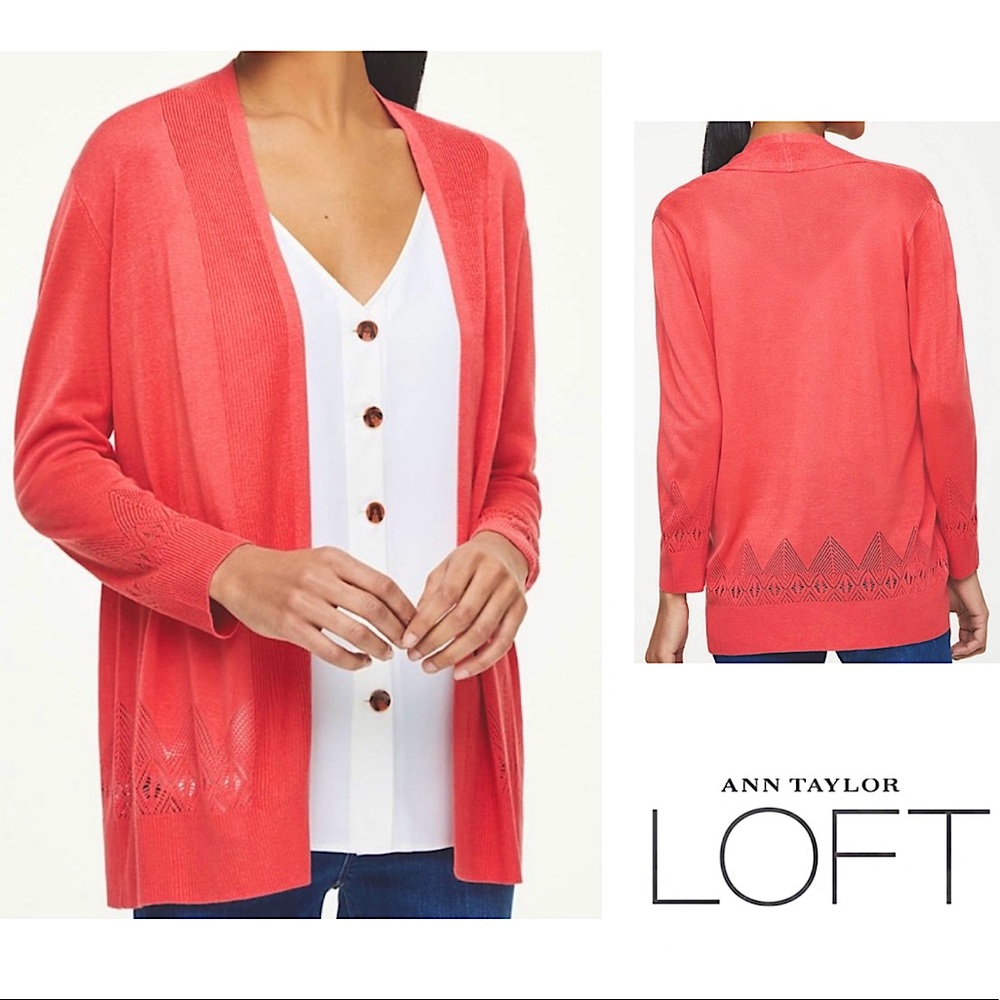 Loft Outlet coral open cardigan w/ crocheted hem